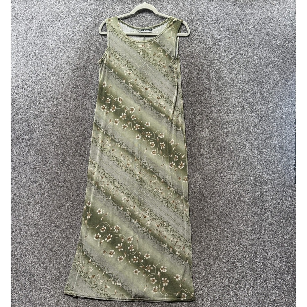 VTG 90s/Y2k Notations Maxi Dress Slinky Sage Green Floral Diagonal Stripe Earthy